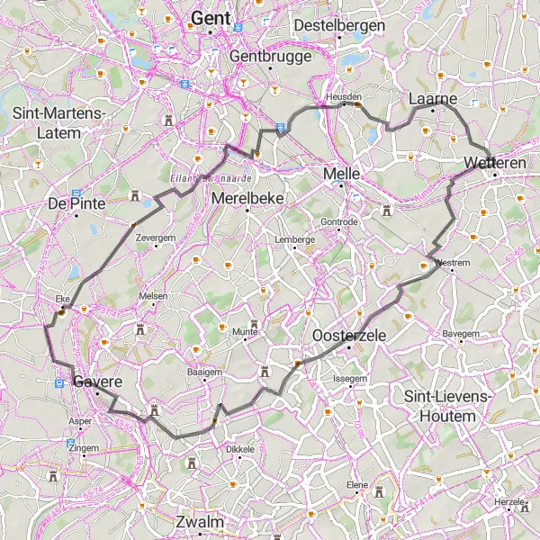 Miniature de la carte de l'inspiration cycliste "Boucle Zwijnaarde et Oosterzele" dans la Prov. Oost-Vlaanderen, Belgium. Générée par le planificateur d'itinéraire cycliste Tarmacs.app