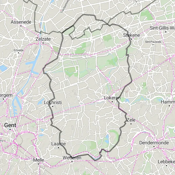 Map miniature of "Wetteren to De Speelbos Road Route" cycling inspiration in Prov. Oost-Vlaanderen, Belgium. Generated by Tarmacs.app cycling route planner