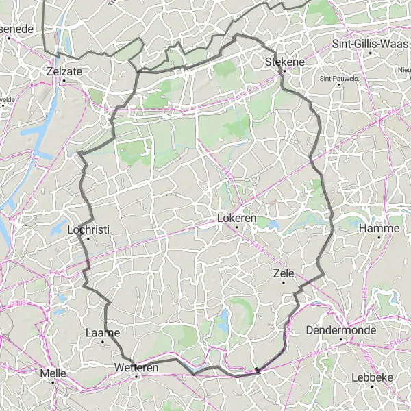 Map miniature of "Lochristi to Schellebelle Scenic Road Route" cycling inspiration in Prov. Oost-Vlaanderen, Belgium. Generated by Tarmacs.app cycling route planner