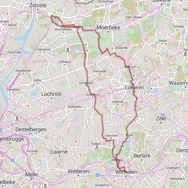 Map miniature of "Wichelen to Uitbergen Gravel Route" cycling inspiration in Prov. Oost-Vlaanderen, Belgium. Generated by Tarmacs.app cycling route planner