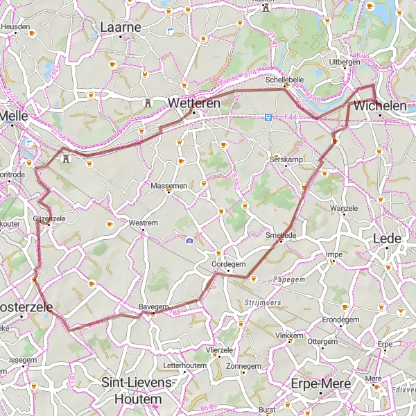 Miniature de la carte de l'inspiration cycliste "Aventure Gravel à Wichelen" dans la Prov. Oost-Vlaanderen, Belgium. Générée par le planificateur d'itinéraire cycliste Tarmacs.app