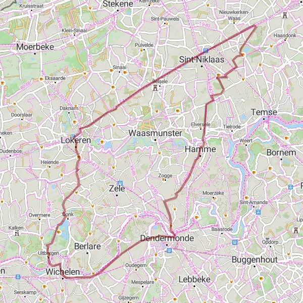 Miniature de la carte de l'inspiration cycliste "Tour des Vallées Verdoyantes" dans la Prov. Oost-Vlaanderen, Belgium. Générée par le planificateur d'itinéraire cycliste Tarmacs.app