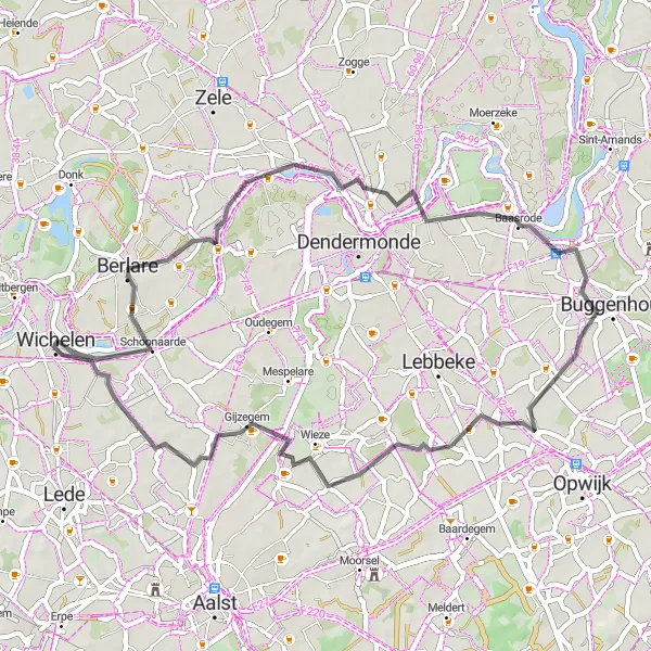 Karten-Miniaturansicht der Radinspiration "Radtour nach Wichelen über Berlare und Gijzegem" in Prov. Oost-Vlaanderen, Belgium. Erstellt vom Tarmacs.app-Routenplaner für Radtouren