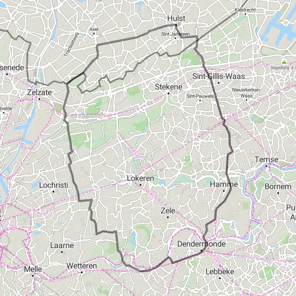 Karten-Miniaturansicht der Radinspiration "Tour durch Uitbergen und De Klinge" in Prov. Oost-Vlaanderen, Belgium. Erstellt vom Tarmacs.app-Routenplaner für Radtouren