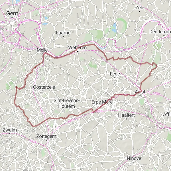 Map miniature of "Burst and Gontrode Gravel Adventure" cycling inspiration in Prov. Oost-Vlaanderen, Belgium. Generated by Tarmacs.app cycling route planner