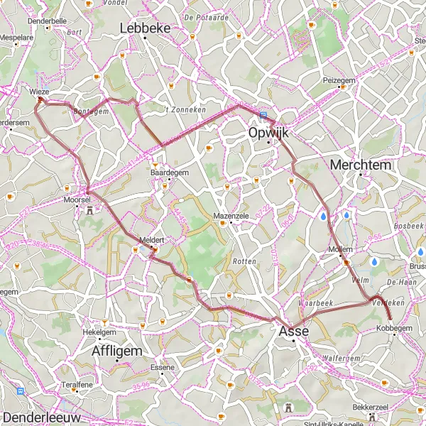 Map miniature of "Gravel Adventure through Opwijk" cycling inspiration in Prov. Oost-Vlaanderen, Belgium. Generated by Tarmacs.app cycling route planner