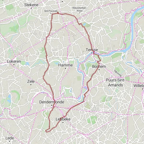 Miniatuurkaart van de fietsinspiratie "Avontuurlijke grindpaden" in Prov. Oost-Vlaanderen, Belgium. Gemaakt door de Tarmacs.app fietsrouteplanner