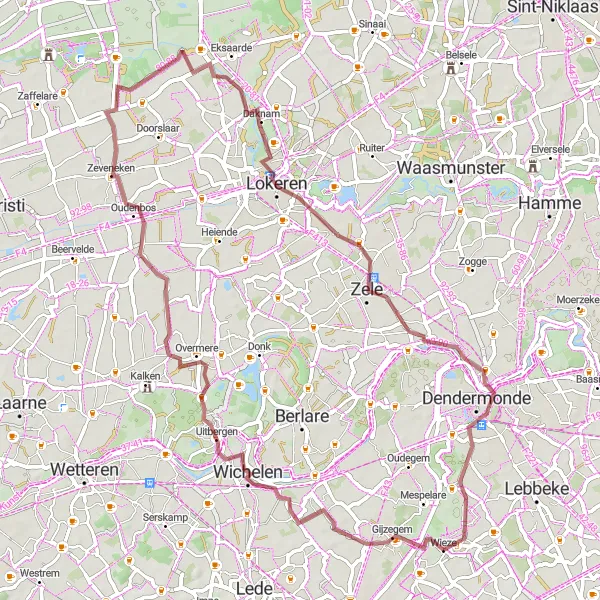 Map miniature of "Uitbergen and Mont Henri Gravel Adventure" cycling inspiration in Prov. Oost-Vlaanderen, Belgium. Generated by Tarmacs.app cycling route planner