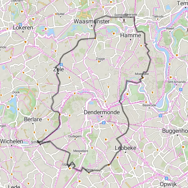 Miniatuurkaart van de fietsinspiratie "Wegroute langs Gijzegem en Wieze" in Prov. Oost-Vlaanderen, Belgium. Gemaakt door de Tarmacs.app fietsrouteplanner