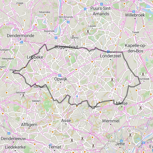 Map miniature of "Scenic Route to Wieze" cycling inspiration in Prov. Oost-Vlaanderen, Belgium. Generated by Tarmacs.app cycling route planner