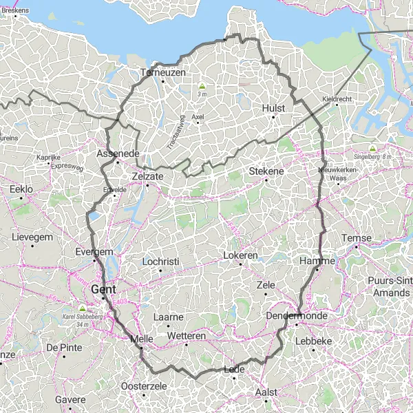 Map miniature of "Griete and Kloosterzande Road Escape" cycling inspiration in Prov. Oost-Vlaanderen, Belgium. Generated by Tarmacs.app cycling route planner