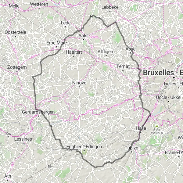 Map miniature of "The Borders of Asse" cycling inspiration in Prov. Oost-Vlaanderen, Belgium. Generated by Tarmacs.app cycling route planner