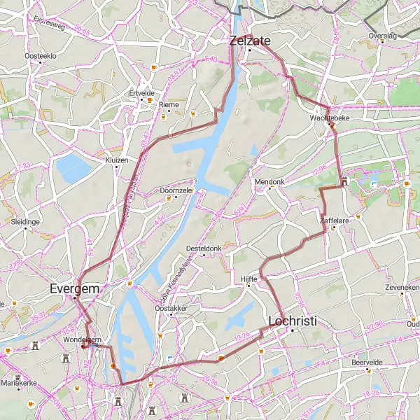 Map miniature of "Gravel Exploration: Evergem to De oude grindbakken" cycling inspiration in Prov. Oost-Vlaanderen, Belgium. Generated by Tarmacs.app cycling route planner