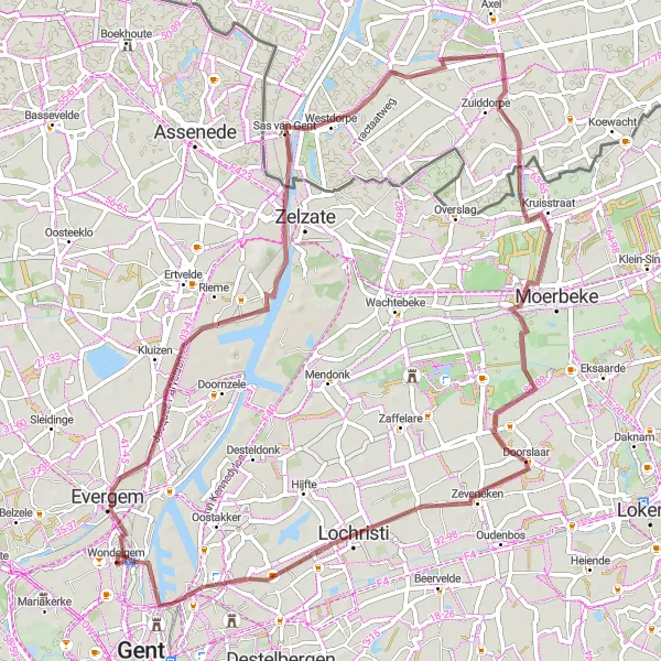 Map miniature of "Hidden Gems of Evergem" cycling inspiration in Prov. Oost-Vlaanderen, Belgium. Generated by Tarmacs.app cycling route planner