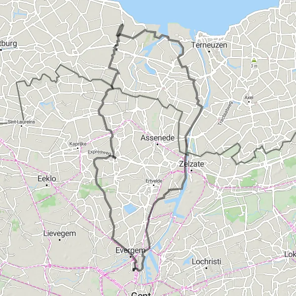 Map miniature of "Scenic Route through Sleidinge" cycling inspiration in Prov. Oost-Vlaanderen, Belgium. Generated by Tarmacs.app cycling route planner