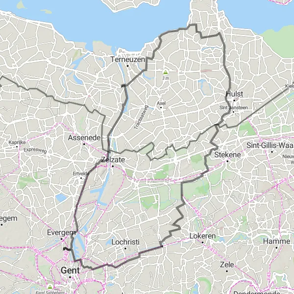 Map miniature of "The Majestic Route of Langerbrugge" cycling inspiration in Prov. Oost-Vlaanderen, Belgium. Generated by Tarmacs.app cycling route planner