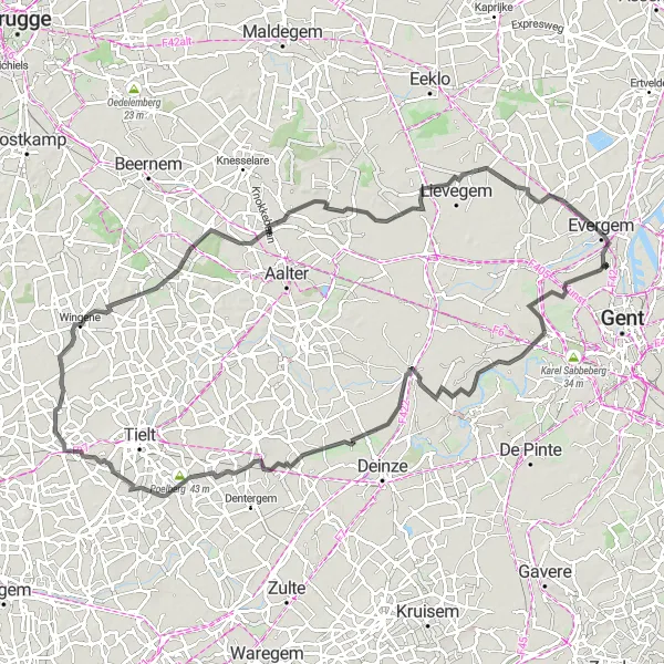 Miniature de la carte de l'inspiration cycliste "Les routes panoramiques de Flandre-Orientale" dans la Prov. Oost-Vlaanderen, Belgium. Générée par le planificateur d'itinéraire cycliste Tarmacs.app