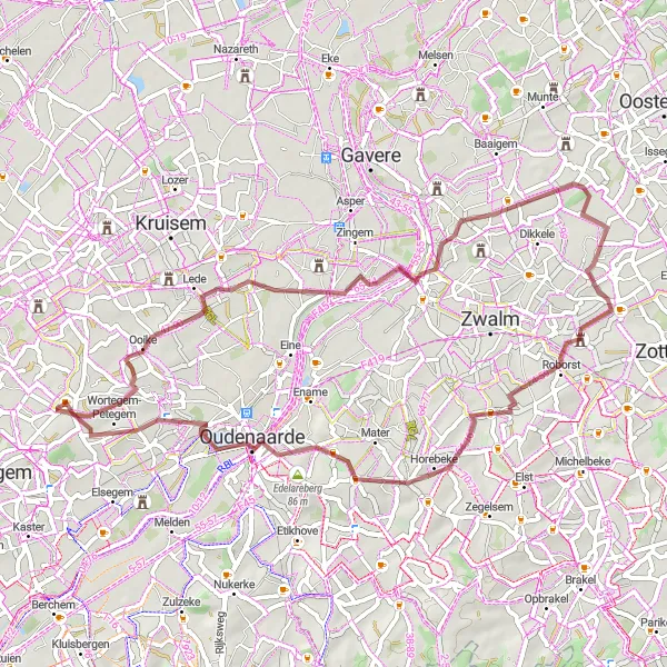 Karten-Miniaturansicht der Radinspiration "Abenteuerliche Tour durch die Natur" in Prov. Oost-Vlaanderen, Belgium. Erstellt vom Tarmacs.app-Routenplaner für Radtouren