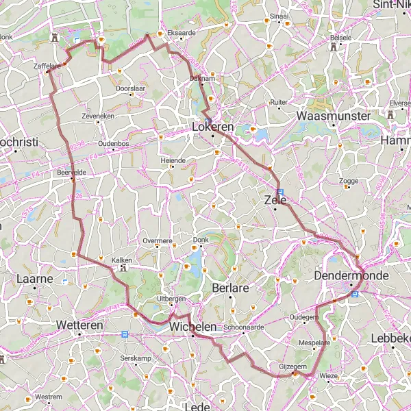 Miniatuurkaart van de fietsinspiratie "Verkenning van de natuur en cultuur rond Zaffelare" in Prov. Oost-Vlaanderen, Belgium. Gemaakt door de Tarmacs.app fietsrouteplanner