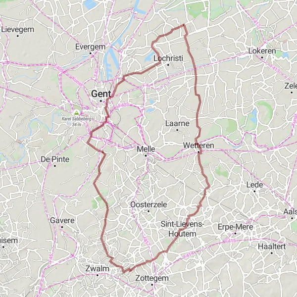 Miniatuurkaart van de fietsinspiratie "Gravelroute van Zaffelare naar Wetteren en Schelderode" in Prov. Oost-Vlaanderen, Belgium. Gemaakt door de Tarmacs.app fietsrouteplanner