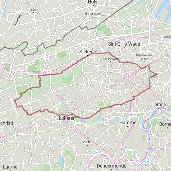 Miniature de la carte de l'inspiration cycliste "Circuit rural à Kemzeke et Les Gobelets" dans la Prov. Oost-Vlaanderen, Belgium. Générée par le planificateur d'itinéraire cycliste Tarmacs.app