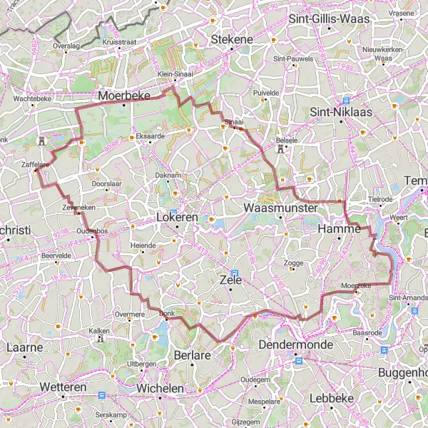 Map miniature of "Gravel Cycling Route - Zaffelare to Sombeke and Zeveneken" cycling inspiration in Prov. Oost-Vlaanderen, Belgium. Generated by Tarmacs.app cycling route planner