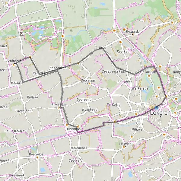 Karten-Miniaturansicht der Radinspiration "Radtour rund um Daknam und Zeveneken" in Prov. Oost-Vlaanderen, Belgium. Erstellt vom Tarmacs.app-Routenplaner für Radtouren