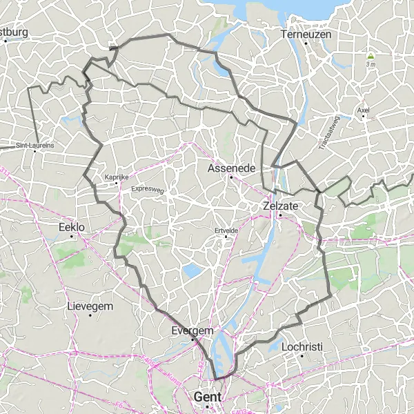 Miniatuurkaart van de fietsinspiratie "Langs pittoreske dorpjes en historische bezienswaardigheden" in Prov. Oost-Vlaanderen, Belgium. Gemaakt door de Tarmacs.app fietsrouteplanner