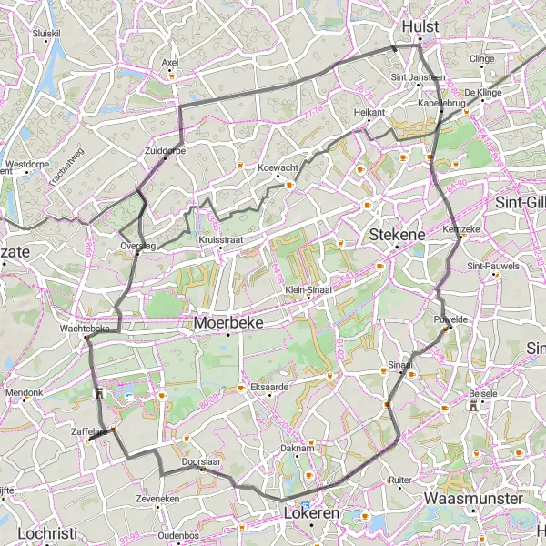 Miniature de la carte de l'inspiration cycliste "Tour de Kapellebrug et Puivelde" dans la Prov. Oost-Vlaanderen, Belgium. Générée par le planificateur d'itinéraire cycliste Tarmacs.app