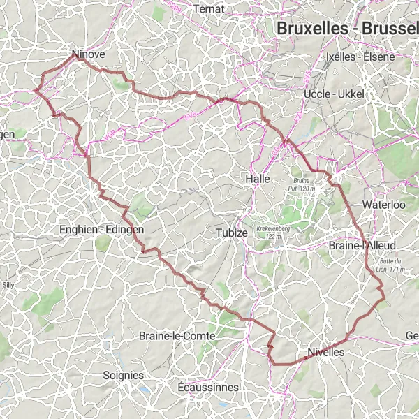 Miniatuurkaart van de fietsinspiratie "Gravelroute door glooiende landschappen" in Prov. Oost-Vlaanderen, Belgium. Gemaakt door de Tarmacs.app fietsrouteplanner
