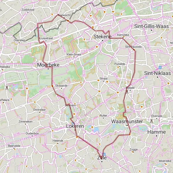Miniature de la carte de l'inspiration cycliste "Aventure dans les polders" dans la Prov. Oost-Vlaanderen, Belgium. Générée par le planificateur d'itinéraire cycliste Tarmacs.app
