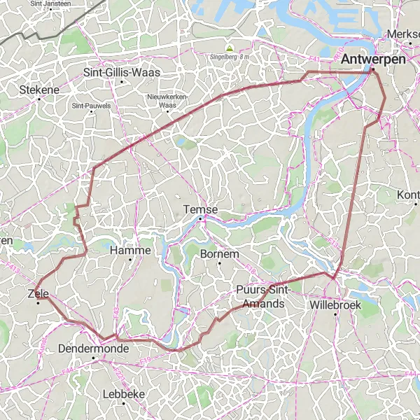 Map miniature of "Waasmunster - Sint-Niklaas - Skyline - Antwerp - Aartselaar - Puurs-Sint-Amands - Briel" cycling inspiration in Prov. Oost-Vlaanderen, Belgium. Generated by Tarmacs.app cycling route planner