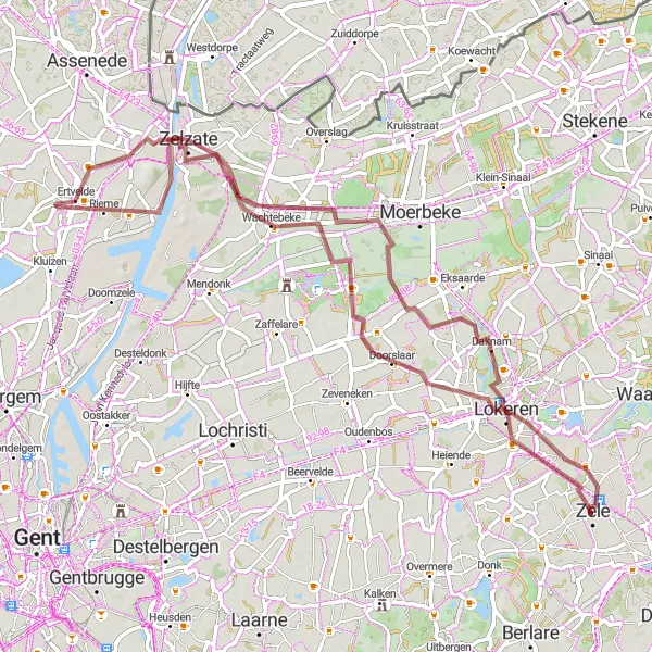 Miniatuurkaart van de fietsinspiratie "Uitdagende gravelroute rond Zele" in Prov. Oost-Vlaanderen, Belgium. Gemaakt door de Tarmacs.app fietsrouteplanner