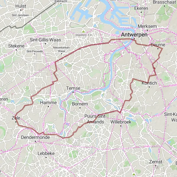 Miniatuurkaart van de fietsinspiratie "Uitdagende gravelroute door Oost-Vlaanderen en Antwerpen" in Prov. Oost-Vlaanderen, Belgium. Gemaakt door de Tarmacs.app fietsrouteplanner