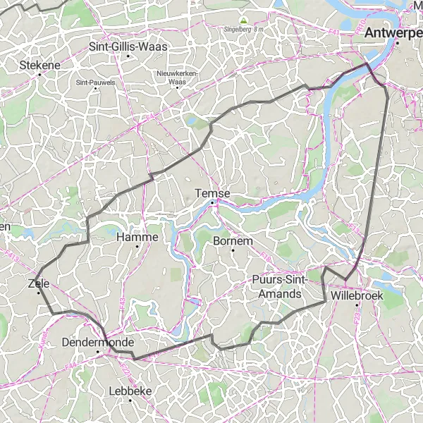 Miniatuurkaart van de fietsinspiratie "Wegfietsen rond Zele en omgeving" in Prov. Oost-Vlaanderen, Belgium. Gemaakt door de Tarmacs.app fietsrouteplanner