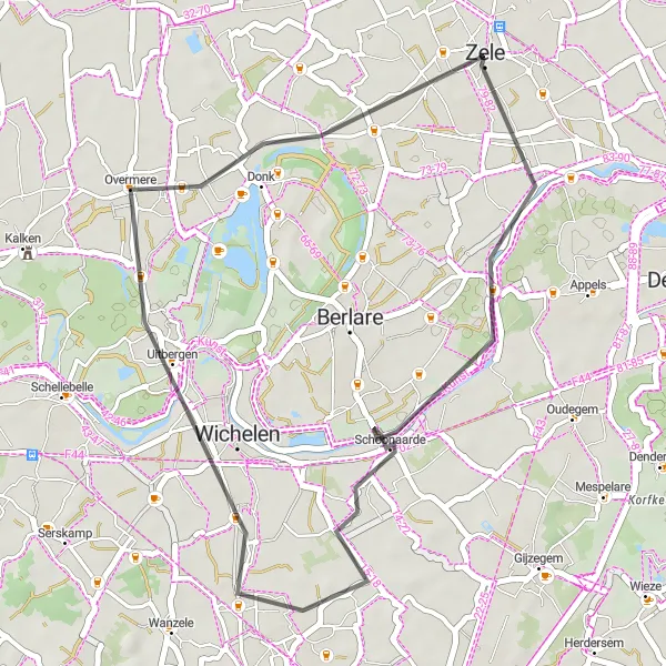 Map miniature of "Schoonaarde - Wichelen - Zele" cycling inspiration in Prov. Oost-Vlaanderen, Belgium. Generated by Tarmacs.app cycling route planner