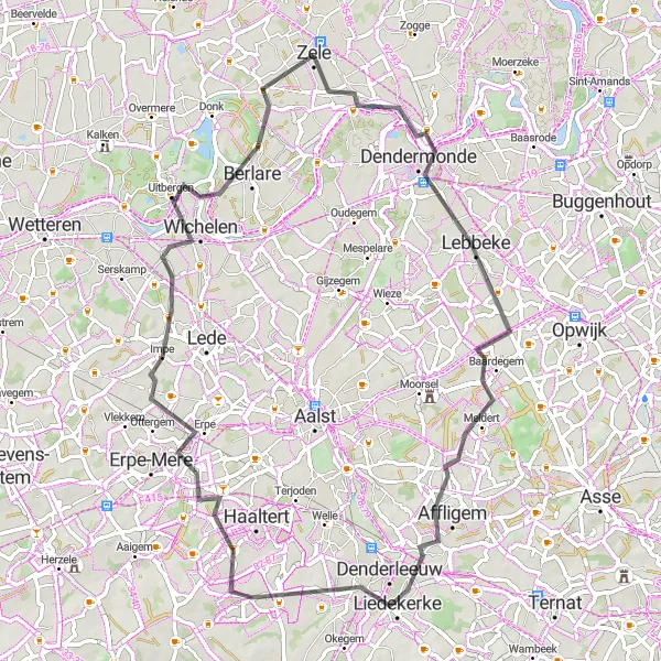 Map miniature of "Lebbeke - Affligem - Mere - Berlare - Zele" cycling inspiration in Prov. Oost-Vlaanderen, Belgium. Generated by Tarmacs.app cycling route planner