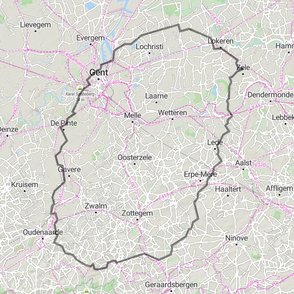 Map miniature of "Berlare - Lede - Bridge - Hemelveerdegem - Nederbrakel - Eikenberg - De Pinte - Karel Sabbeberg - Dulle Griet - Hijfte - Lokeren" cycling inspiration in Prov. Oost-Vlaanderen, Belgium. Generated by Tarmacs.app cycling route planner