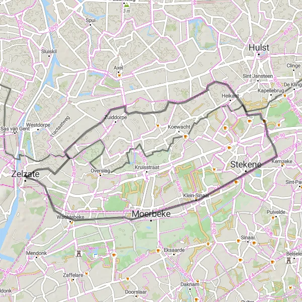 Map miniature of "Zelzate to Stekene Cycling Route" cycling inspiration in Prov. Oost-Vlaanderen, Belgium. Generated by Tarmacs.app cycling route planner