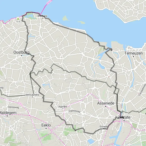 Map miniature of "Zelzate to Breskens Round-Trip" cycling inspiration in Prov. Oost-Vlaanderen, Belgium. Generated by Tarmacs.app cycling route planner