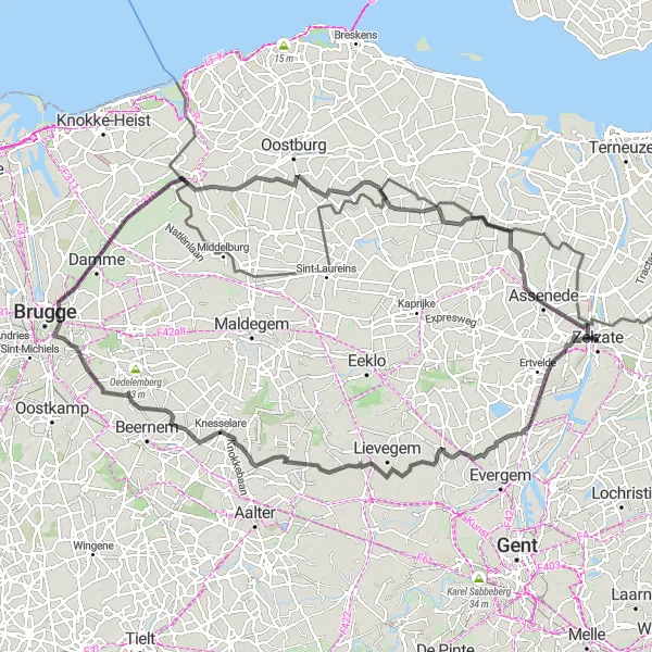 Map miniature of "Road Cycling Journey through Assenede" cycling inspiration in Prov. Oost-Vlaanderen, Belgium. Generated by Tarmacs.app cycling route planner