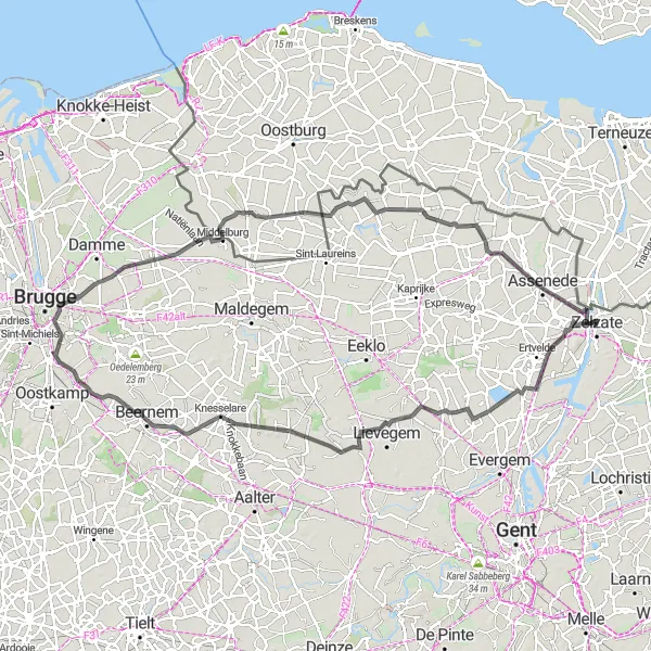 Map miniature of "Zelzate to Watervliet Adventure" cycling inspiration in Prov. Oost-Vlaanderen, Belgium. Generated by Tarmacs.app cycling route planner