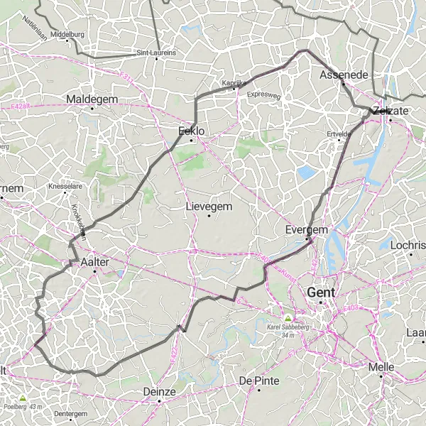 Map miniature of "The Castle Ride" cycling inspiration in Prov. Oost-Vlaanderen, Belgium. Generated by Tarmacs.app cycling route planner