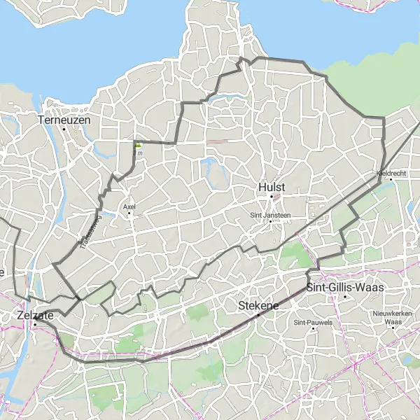 Map miniature of "Scenic Ride Around Zelzate" cycling inspiration in Prov. Oost-Vlaanderen, Belgium. Generated by Tarmacs.app cycling route planner