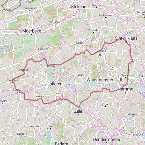 Karten-Miniaturansicht der Radinspiration "Abenteuerliche Gravel-Tour durch Doorslaar und Durmen" in Prov. Oost-Vlaanderen, Belgium. Erstellt vom Tarmacs.app-Routenplaner für Radtouren