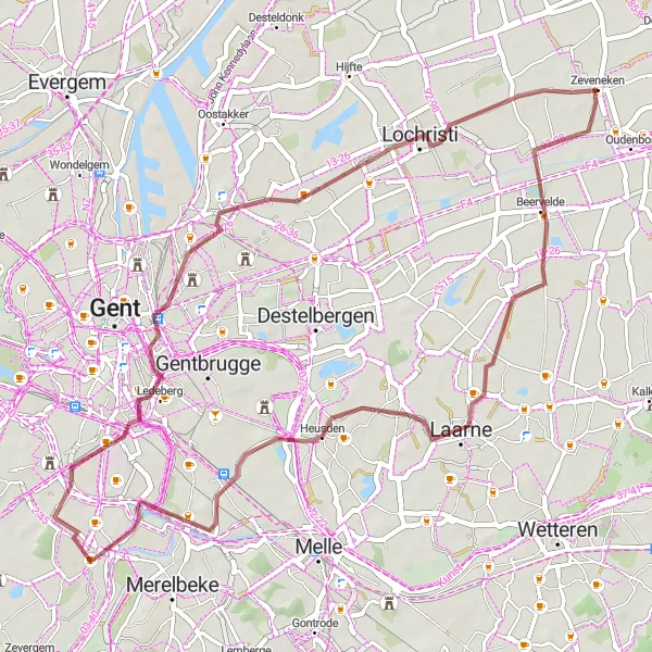 Karten-Miniaturansicht der Radinspiration "Gravel Tour um Zeveneken" in Prov. Oost-Vlaanderen, Belgium. Erstellt vom Tarmacs.app-Routenplaner für Radtouren