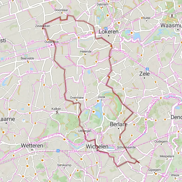 Miniatuurkaart van de fietsinspiratie "Verkenningstocht door landelijke landschappen en historische sites" in Prov. Oost-Vlaanderen, Belgium. Gemaakt door de Tarmacs.app fietsrouteplanner