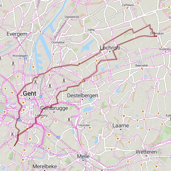Map miniature of "Zeveneken Gravel Adventure" cycling inspiration in Prov. Oost-Vlaanderen, Belgium. Generated by Tarmacs.app cycling route planner