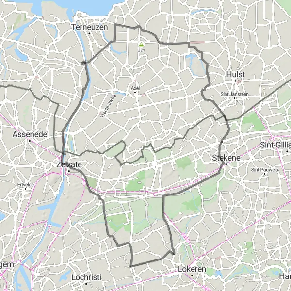 Map miniature of "Zelzate and Hellestraat Circuit" cycling inspiration in Prov. Oost-Vlaanderen, Belgium. Generated by Tarmacs.app cycling route planner