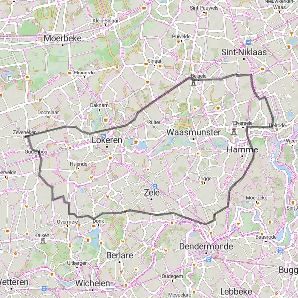 Miniature de la carte de l'inspiration cycliste "Boucle de Mont Henri et Oudenbos" dans la Prov. Oost-Vlaanderen, Belgium. Générée par le planificateur d'itinéraire cycliste Tarmacs.app